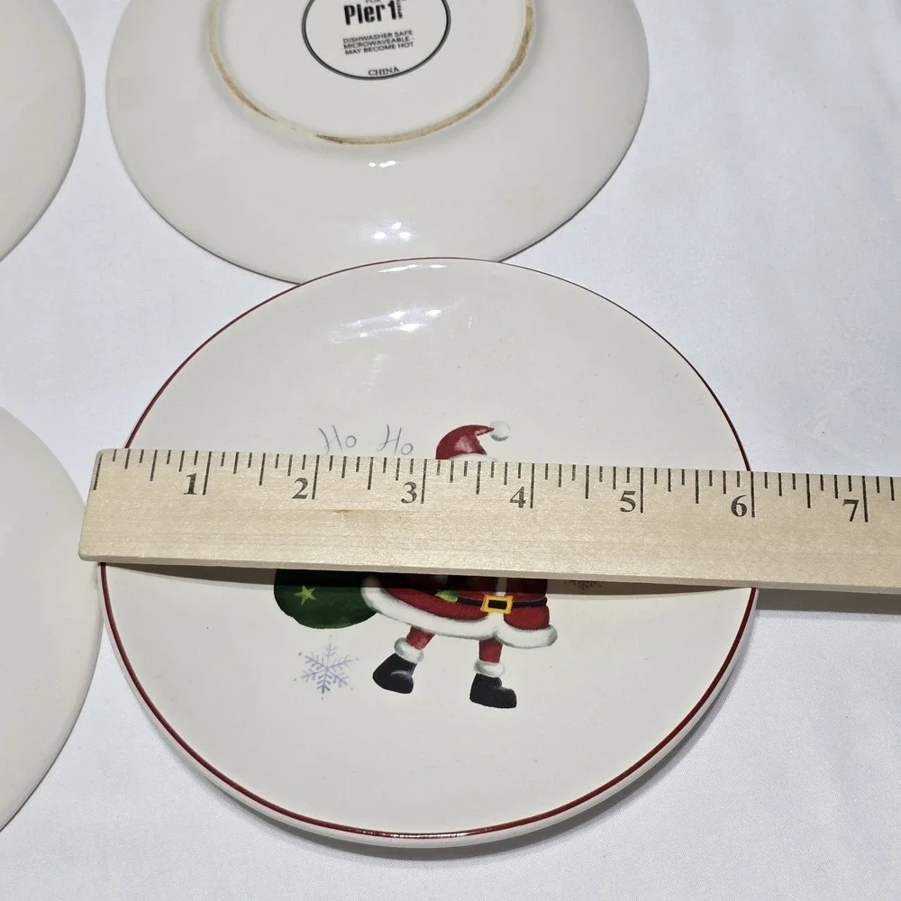 Pier 1 Christmas Appetizer Plates Set 4 Cream Santa Reindeer Snowman 6.25in
